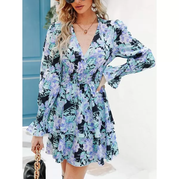imageCUPSHE Womens Long Sleeve Floral Print Smocked Dress Aline Ruffle Hem Mini DressesLavender Purple