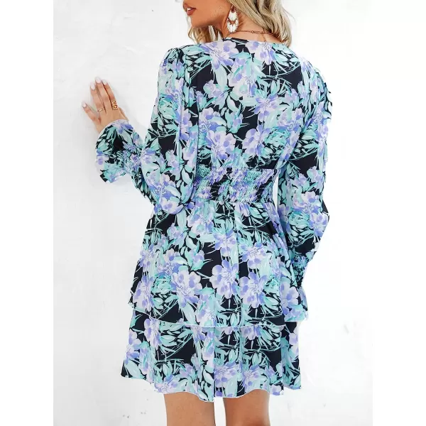 imageCUPSHE Womens Long Sleeve Floral Print Smocked Dress Aline Ruffle Hem Mini DressesLavender Purple