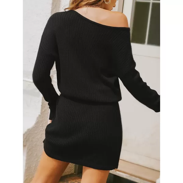 imageCUPSHE Womens Long Sleeve One Shoulder Knitted Sweater Dress Winter Asymmetrical Mini Dress SweaterBlack