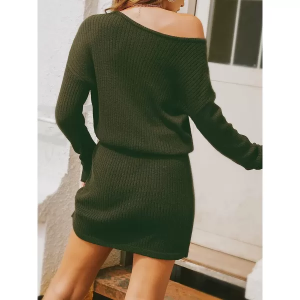 imageCUPSHE Womens Long Sleeve One Shoulder Knitted Sweater Dress Winter Asymmetrical Mini Dress SweaterGreen