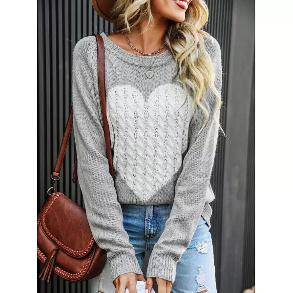 imageCUPSHE Womens Long Sleeve Pullover Sweater Heart Print Round Neck Fall Winter Casual Ribbed SweaterGrey