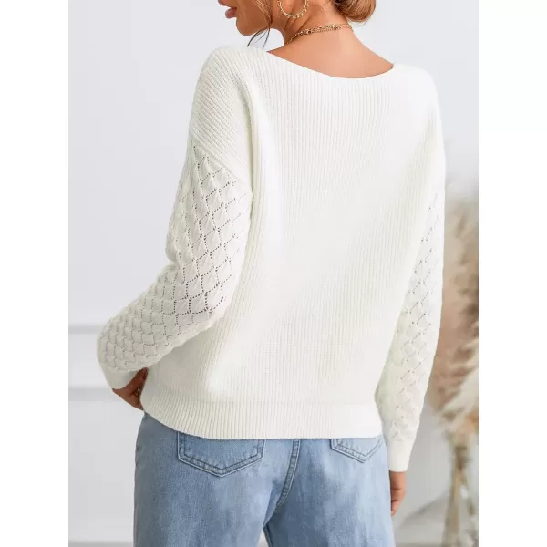imageCUPSHE Womens Long Sleeve Pullover Sweater Solid Fall Winter Casual Cutout Crochet SweaterWhite