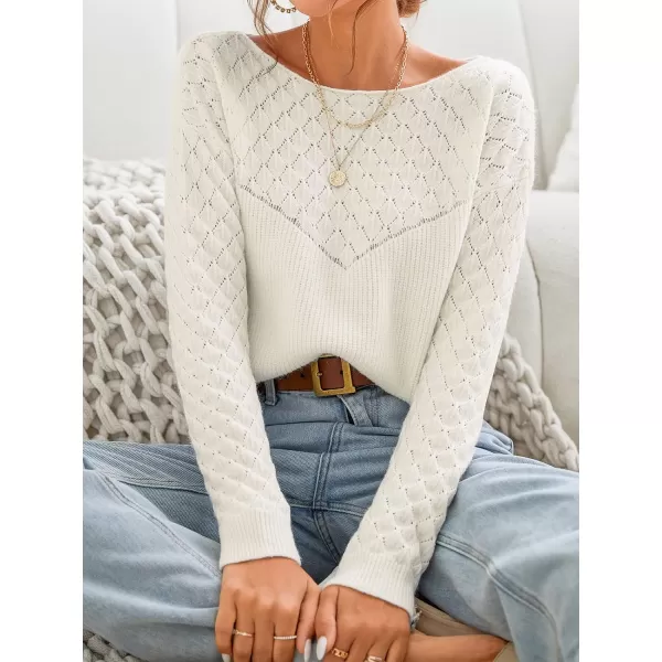 imageCUPSHE Womens Long Sleeve Pullover Sweater Solid Fall Winter Casual Cutout Crochet SweaterWhite
