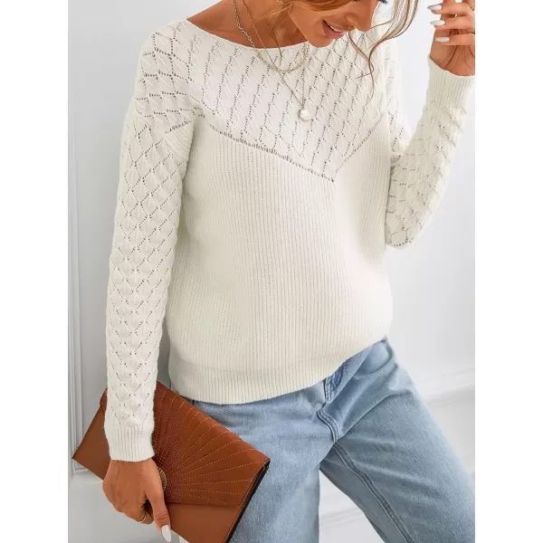 imageCUPSHE Womens Long Sleeve Pullover Sweater Solid Fall Winter Casual Cutout Crochet SweaterWhite