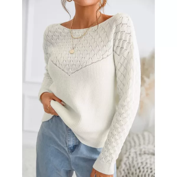 imageCUPSHE Womens Long Sleeve Pullover Sweater Solid Fall Winter Casual Cutout Crochet SweaterWhite