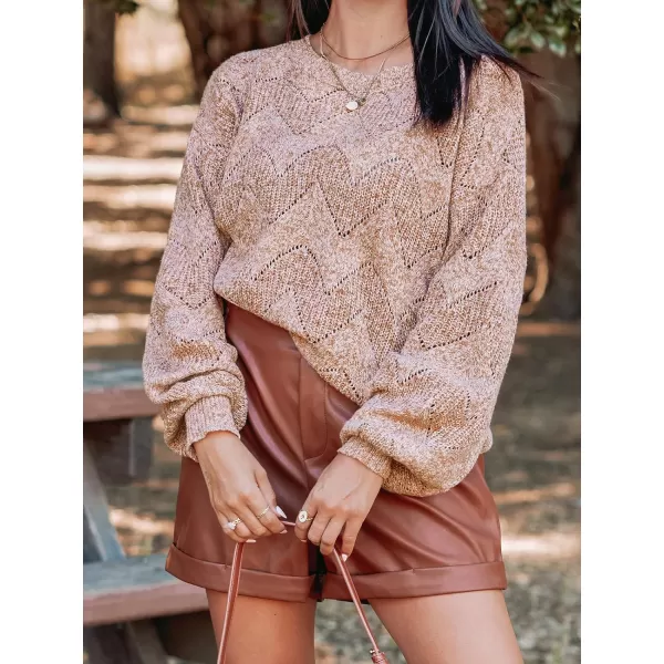 imageCUPSHE Womens Long Sleeve Scoop Neck Crochet Sweater Solid Fall Winter Casual Knit Pullover SweaterBrown