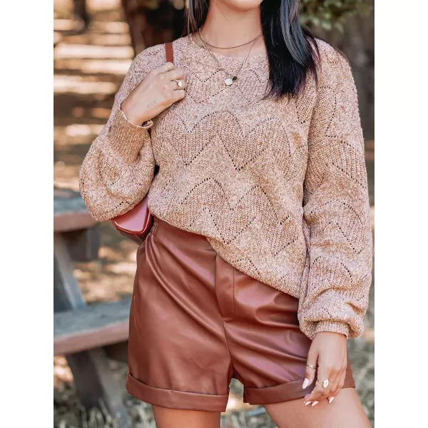 imageCUPSHE Womens Long Sleeve Scoop Neck Crochet Sweater Solid Fall Winter Casual Knit Pullover SweaterBrown