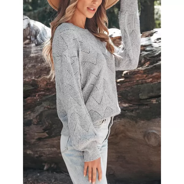 imageCUPSHE Womens Long Sleeve Scoop Neck Crochet Sweater Solid Fall Winter Casual Knit Pullover SweaterGray