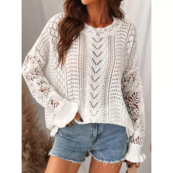 imageCUPSHE Womens Long Sleeve Solid Fall Winter Casual Knit Floral Lace Pullover SweaterWhite