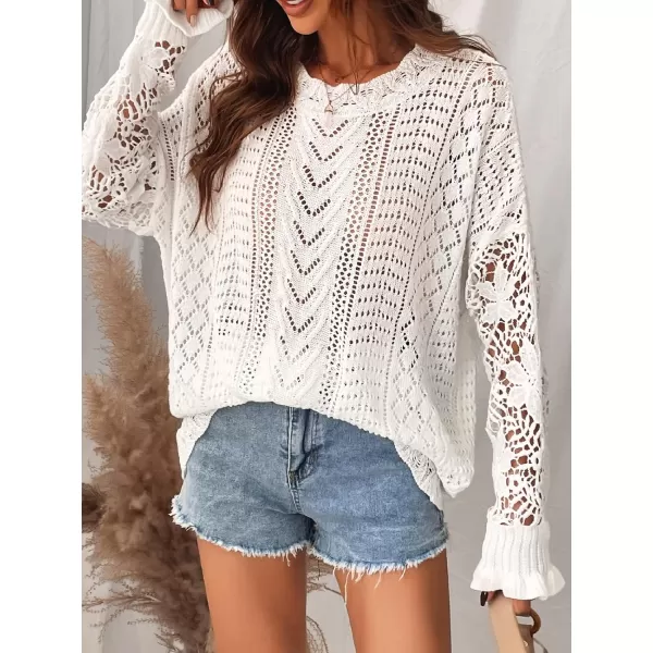 imageCUPSHE Womens Long Sleeve Solid Fall Winter Casual Knit Floral Lace Pullover SweaterWhite