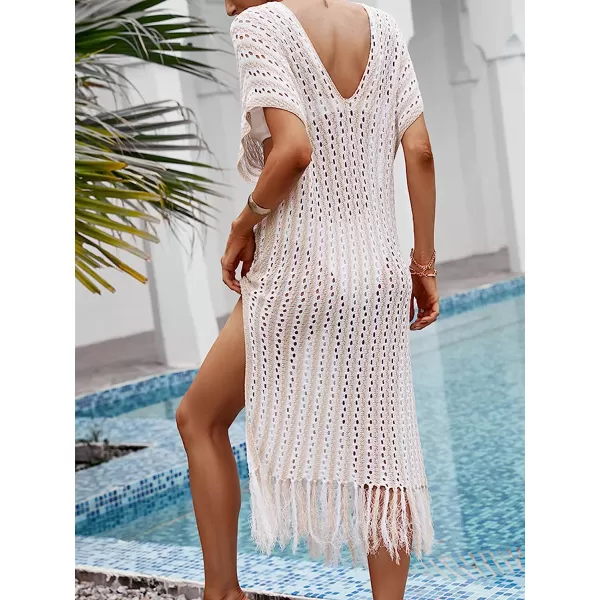 imageCUPSHE Womens Long Tunic Crochet Cover Up Split Tassel Hem V Neck Hollow Out Short Sleeves White BrownCUPSHE Womens Long Tunic Crochet Cover Up Split Tassel Hem V Neck Hollow Out Short Sleeves White Brown