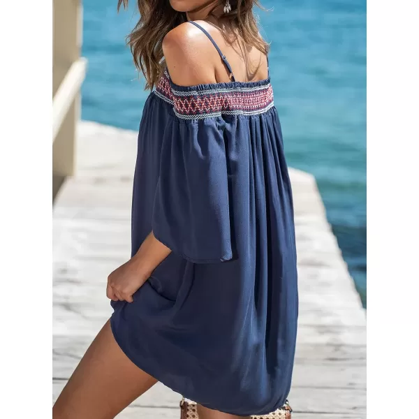 imageCUPSHE Womens Loose OpenShoulder Short Dress Formal Dress 34 Sleeve Spaghetti Strap Smocked Lace Mini DressNavy Blue