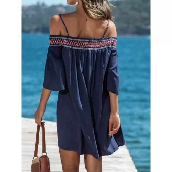 imageCUPSHE Womens Loose OpenShoulder Short Dress Formal Dress 34 Sleeve Spaghetti Strap Smocked Lace Mini DressNavy Blue