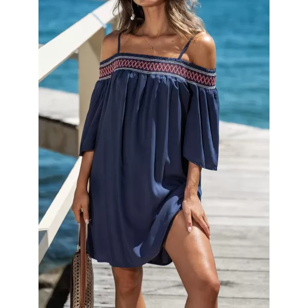 imageCUPSHE Womens Loose OpenShoulder Short Dress Formal Dress 34 Sleeve Spaghetti Strap Smocked Lace Mini DressNavy Blue