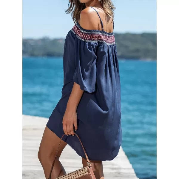 imageCUPSHE Womens Loose OpenShoulder Short Dress Formal Dress 34 Sleeve Spaghetti Strap Smocked Lace Mini DressNavy Blue
