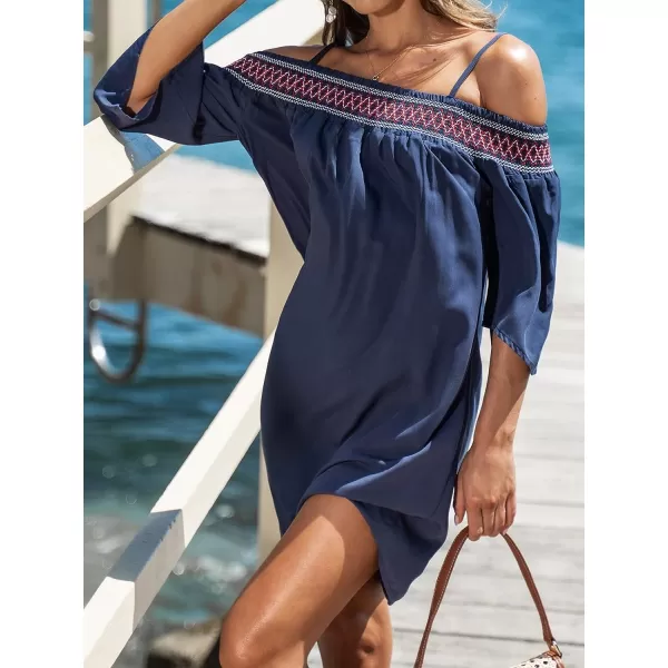 imageCUPSHE Womens Loose OpenShoulder Short Dress Formal Dress 34 Sleeve Spaghetti Strap Smocked Lace Mini DressNavy Blue