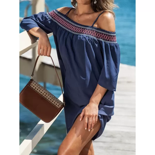 imageCUPSHE Womens Loose OpenShoulder Short Dress Formal Dress 34 Sleeve Spaghetti Strap Smocked Lace Mini DressNavy Blue