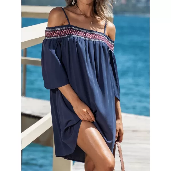 imageCUPSHE Womens Loose OpenShoulder Short Dress Formal Dress 34 Sleeve Spaghetti Strap Smocked Lace Mini DressNavy Blue