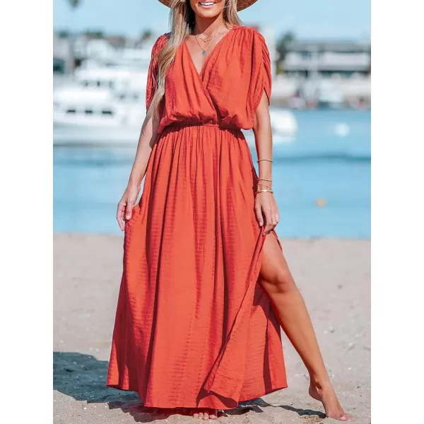 imageCUPSHE Womens Loose V Neck Allyssa Surplice Ruched Dress Formal Dress Short Sleeve Elastic Waist Side Slit Maxi DressOrange
