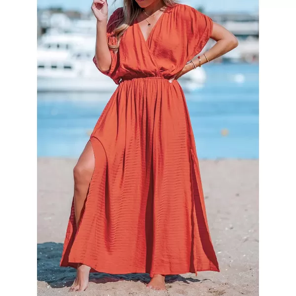 imageCUPSHE Womens Loose V Neck Allyssa Surplice Ruched Dress Formal Dress Short Sleeve Elastic Waist Side Slit Maxi DressOrange