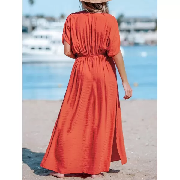 imageCUPSHE Womens Loose V Neck Allyssa Surplice Ruched Dress Formal Dress Short Sleeve Elastic Waist Side Slit Maxi DressOrange