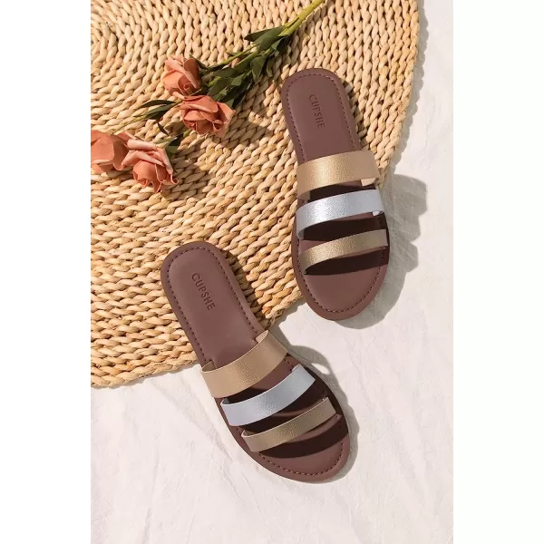 imageCUPSHE Womens Low Heel Three Straps Slides Open Toe SandalsGold