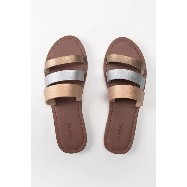 imageCUPSHE Womens Low Heel Three Straps Slides Open Toe SandalsGold