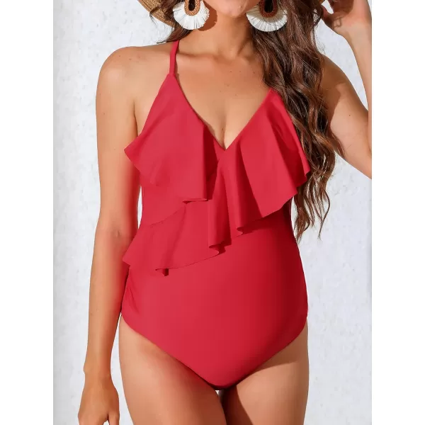 imageCUPSHE Womens Maternity Swimsuit One Piece Pregnancy Swimwear V Neck Ruffle Crisscross Back Adjustable StrapsTomato Red