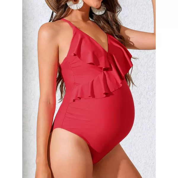 imageCUPSHE Womens Maternity Swimsuit One Piece Pregnancy Swimwear V Neck Ruffle Crisscross Back Adjustable StrapsTomato Red