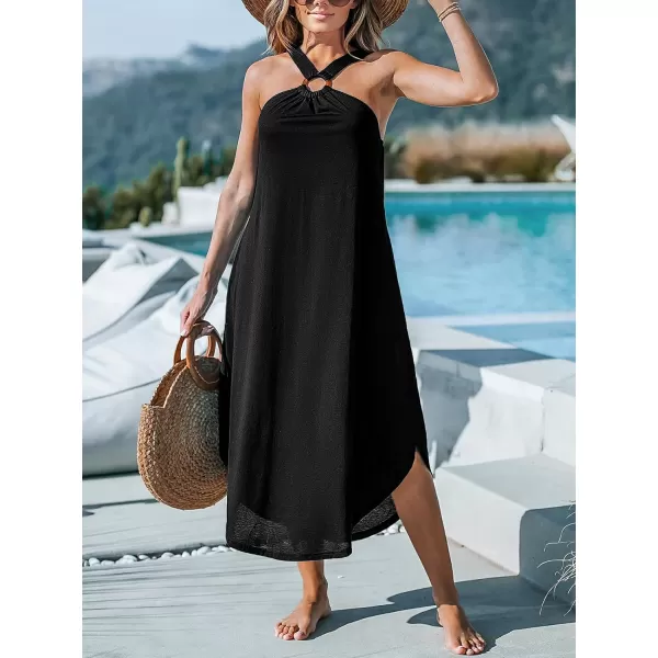 imageCUPSHE Womens Maxi Dress Halter Sleeveless Pockets Knit Long Summer Cover Up DressBlack