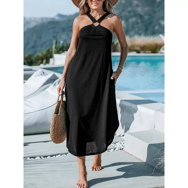 imageCUPSHE Womens Maxi Dress Halter Sleeveless Pockets Knit Long Summer Cover Up DressBlack