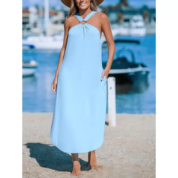 imageCUPSHE Womens Maxi Dress Halter Sleeveless Pockets Knit Long Summer Cover Up DressLight Blue