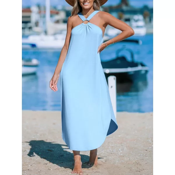 imageCUPSHE Womens Maxi Dress Halter Sleeveless Pockets Knit Long Summer Cover Up DressLight Blue
