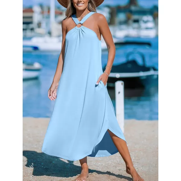 imageCUPSHE Womens Maxi Dress Halter Sleeveless Pockets Knit Long Summer Cover Up DressLight Blue