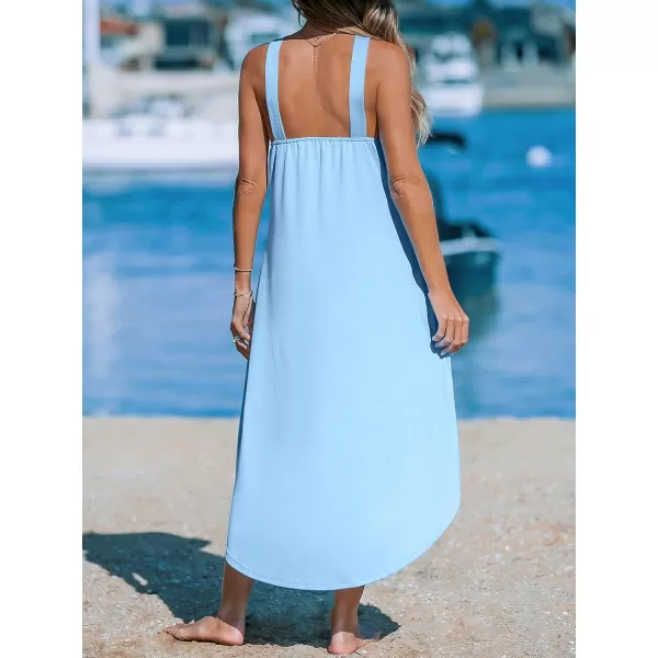 imageCUPSHE Womens Maxi Dress Halter Sleeveless Pockets Knit Long Summer Cover Up DressLight Blue