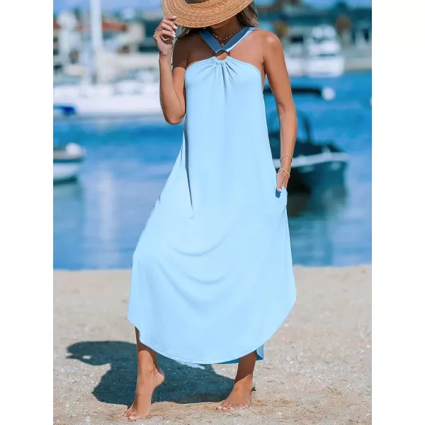 imageCUPSHE Womens Maxi Dress Halter Sleeveless Pockets Knit Long Summer Cover Up DressLight Blue