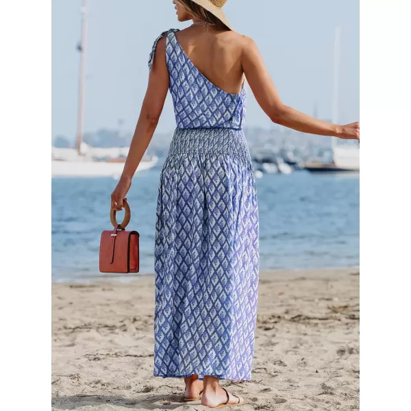 imageCUPSHE Womens Maxi Dress One Shoulder Sleeveless Smocked Floral Printed Self Tie Boho Long Dress Summer DressBlue Floral