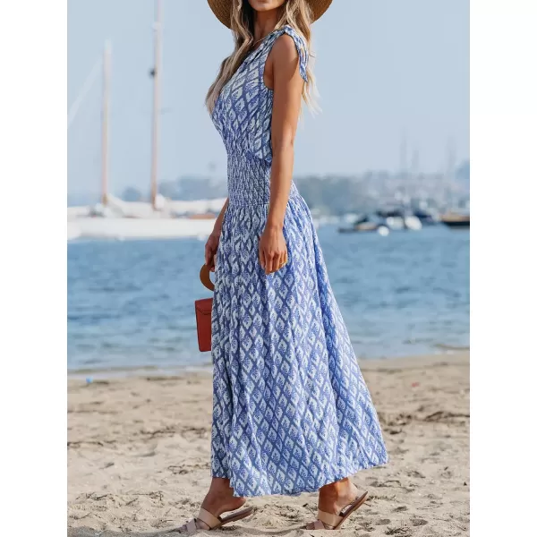 imageCUPSHE Womens Maxi Dress One Shoulder Sleeveless Smocked Floral Printed Self Tie Boho Long Dress Summer DressBlue Floral