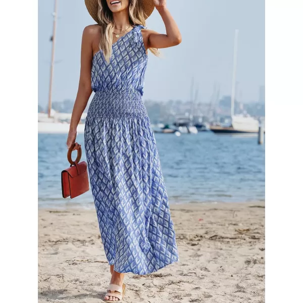 imageCUPSHE Womens Maxi Dress One Shoulder Sleeveless Smocked Floral Printed Self Tie Boho Long Dress Summer DressBlue Floral