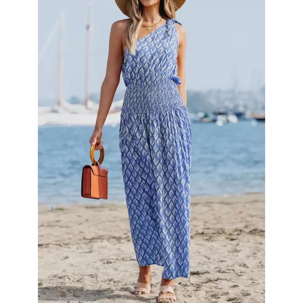 imageCUPSHE Womens Maxi Dress One Shoulder Sleeveless Smocked Floral Printed Self Tie Boho Long Dress Summer DressBlue Floral