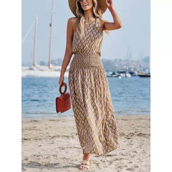 imageCUPSHE Womens Maxi Dress One Shoulder Sleeveless Smocked Floral Printed Self Tie Boho Long Dress Summer DressKhaki