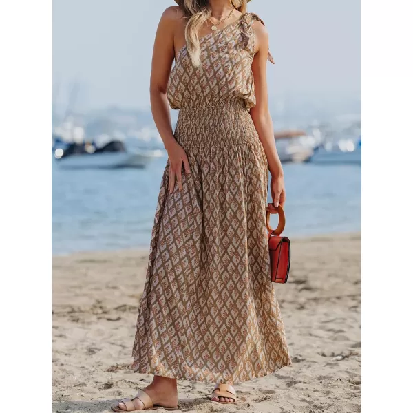 imageCUPSHE Womens Maxi Dress One Shoulder Sleeveless Smocked Floral Printed Self Tie Boho Long Dress Summer DressKhaki