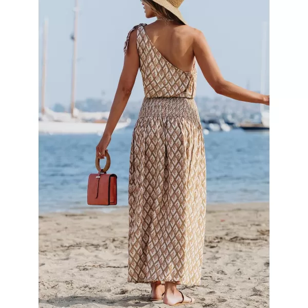 imageCUPSHE Womens Maxi Dress One Shoulder Sleeveless Smocked Floral Printed Self Tie Boho Long Dress Summer DressKhaki