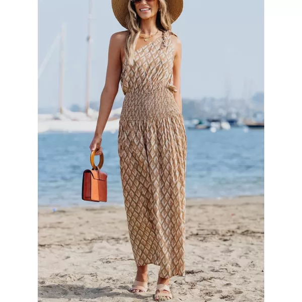 imageCUPSHE Womens Maxi Dress One Shoulder Sleeveless Smocked Floral Printed Self Tie Boho Long Dress Summer DressKhaki