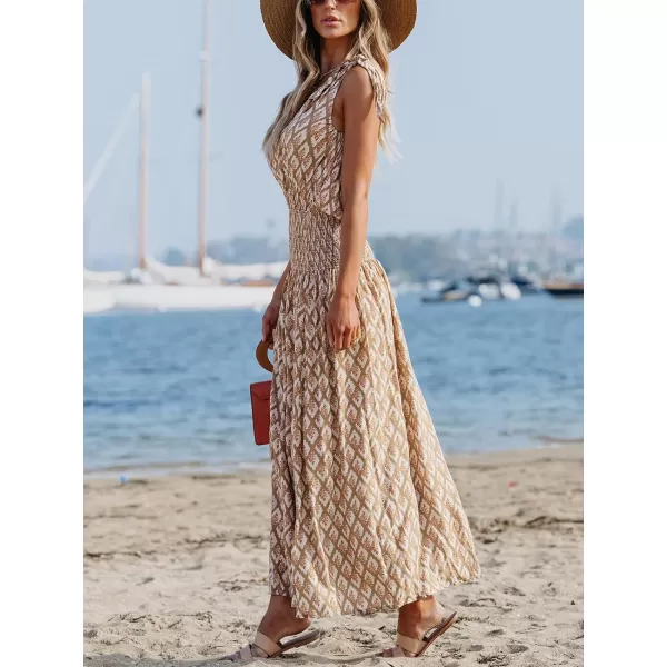 imageCUPSHE Womens Maxi Dress One Shoulder Sleeveless Smocked Floral Printed Self Tie Boho Long Dress Summer DressKhaki