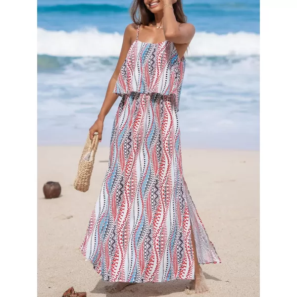 imageCUPSHE Womens Maxi Dress Scoop Neck Ruffled Sleeveless Side Slit Cami Boho Long Dress Casual Summer DressRed Paisley