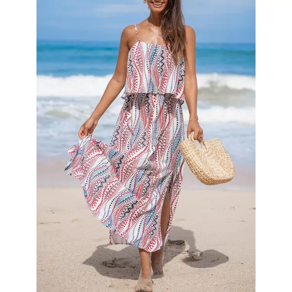 imageCUPSHE Womens Maxi Dress Scoop Neck Ruffled Sleeveless Side Slit Cami Boho Long Dress Casual Summer DressRed Paisley