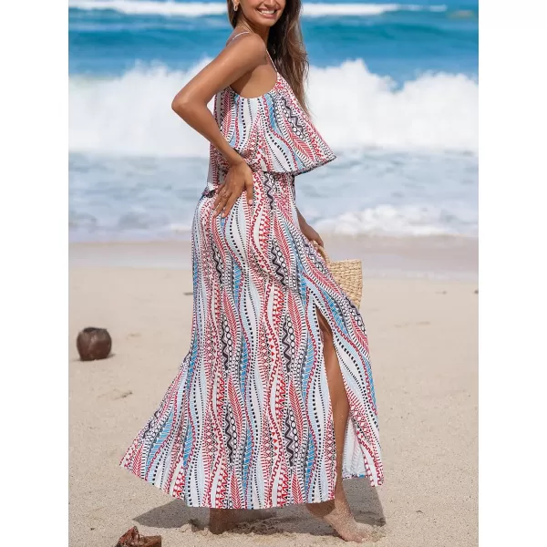 imageCUPSHE Womens Maxi Dress Scoop Neck Ruffled Sleeveless Side Slit Cami Boho Long Dress Casual Summer DressRed Paisley