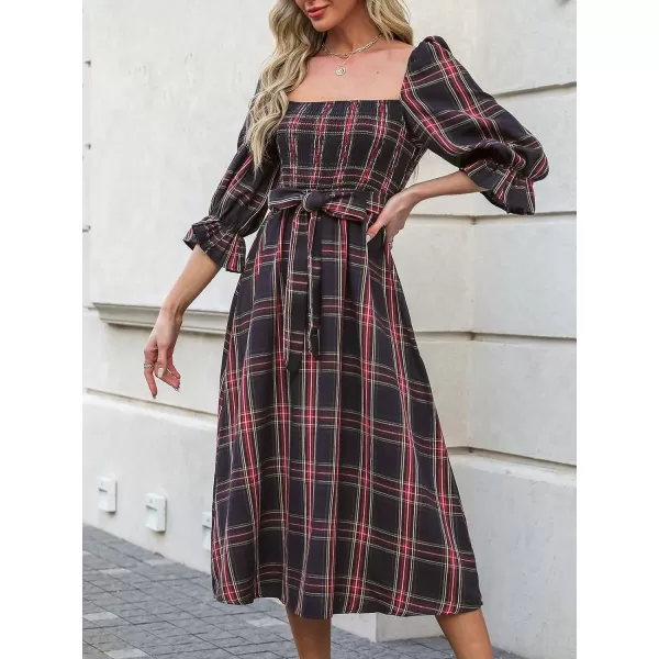 imageCUPSHE Womens Maxi Dress Square Neck Plaid Smocked Belted Ruffled 34 Trumpet Sleeve A Line Long Party DressesNavy Blue