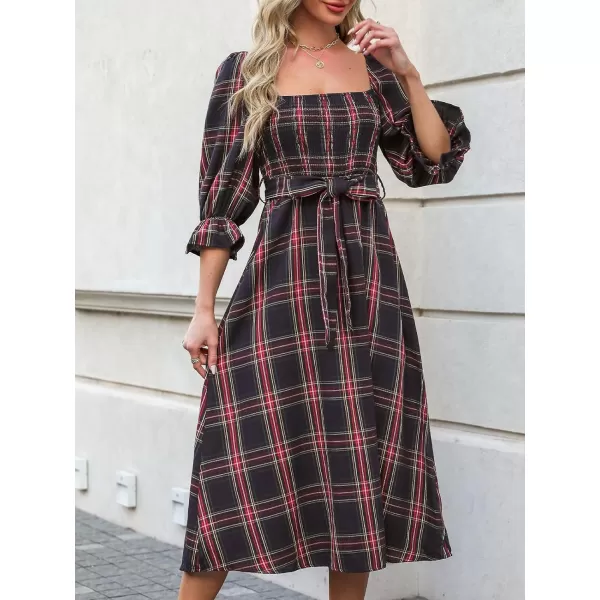 imageCUPSHE Womens Maxi Dress Square Neck Plaid Smocked Belted Ruffled 34 Trumpet Sleeve A Line Long Party DressesNavy Blue
